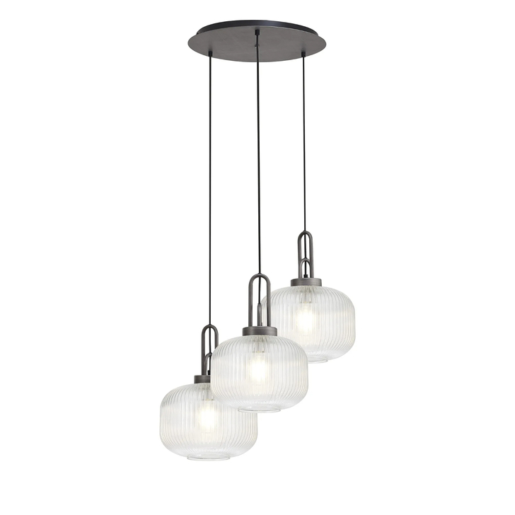 Idolite Camille 2m Round Pendant, 3 x E27, Pewter/Matt Black With 30cm Pumpkin Shaped Ribbed Clear Glass