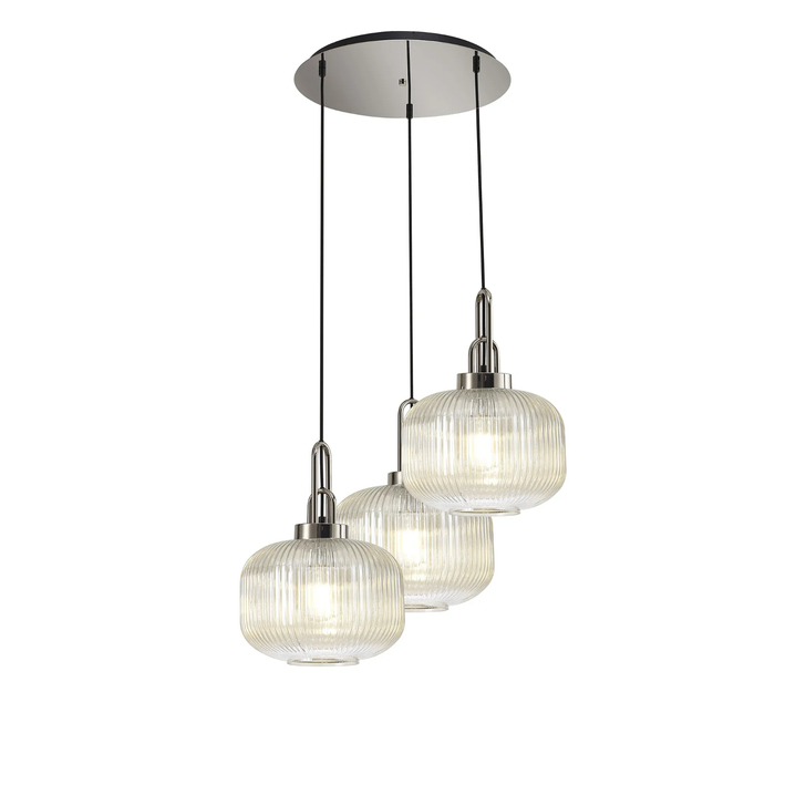 Idolite Camille 2m Round Pendant, 3 x E27, Polished Nickel/Matt Black With 30cm Pumpkin Shaped Ribbed Champagne Glass