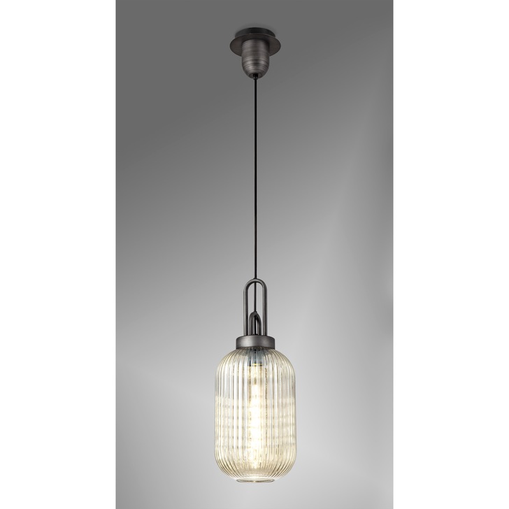 Idolite Camille Aged Pewter Single Pendant Light With Champagne Ribbed Glass