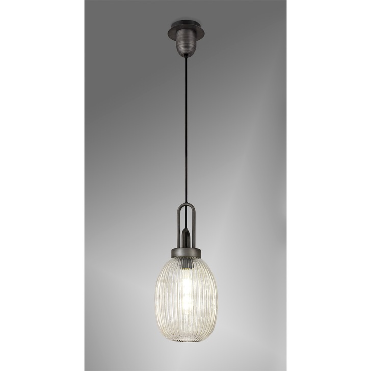 Idolite Camille Aged Pewter Single Pendant Light With Champagne Ribbed Glass