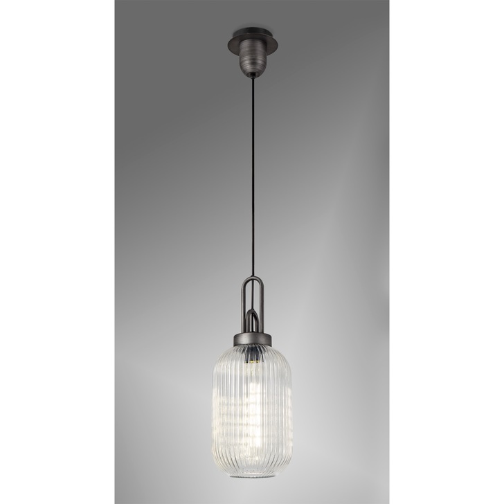 Idolite Camille Aged Pewter Single Pendant Light With Clear Ribbed Glass