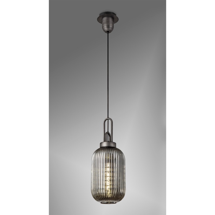 Idolite Camille Aged Pewter Single Pendant Light With Smoked Ribbed Glass