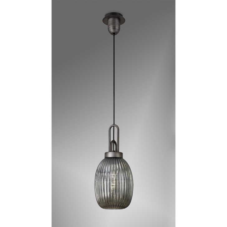 Idolite Camille Aged Pewter Single Pendant Light With Smoked Ribbed Glass