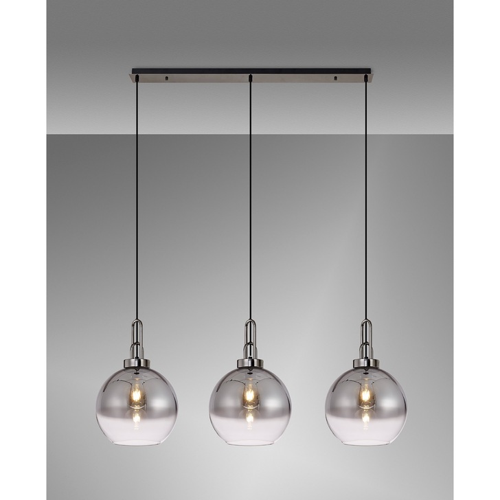 Idolite Camille Black Chrome 3 Light Linear Bar Pendant With Smoked/Clear Ombre Glass Globes