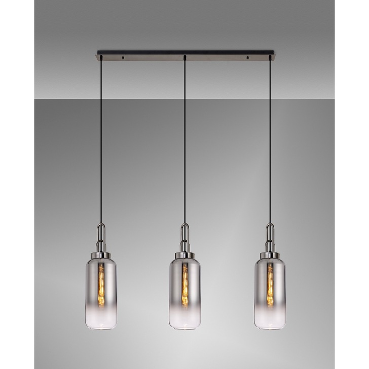 Idolite Camille Black Chrome 3 Light Linear Bar Pendant With Smoked/Clear Ombre Glasses