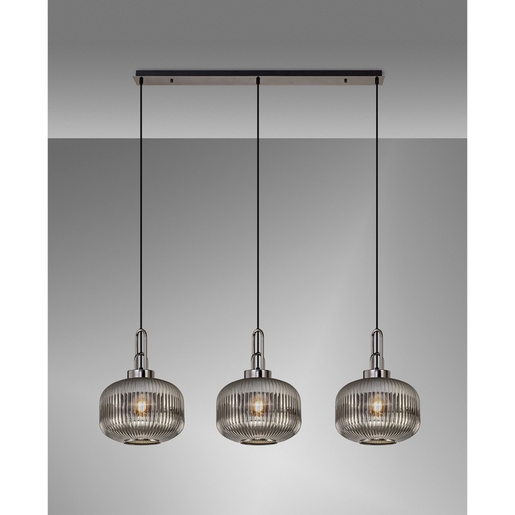 Idolite Camille Black Chrome 3 Light Linear Bar Pendant With Smoked Ribbed Glasses