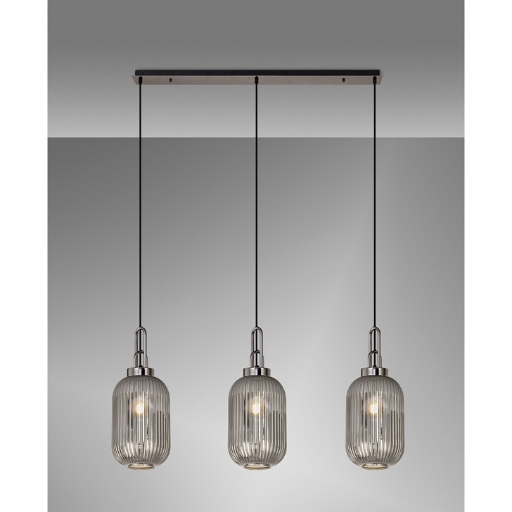 Idolite Camille Black Chrome 3 Light Linear Bar Pendant With Smoked Ribbed Glasses