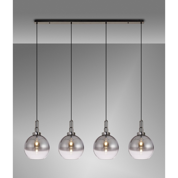 Idolite Camille Black Chrome 4 Light Linear Bar Pendant With Smoked/Clear Ombre Glass Globes