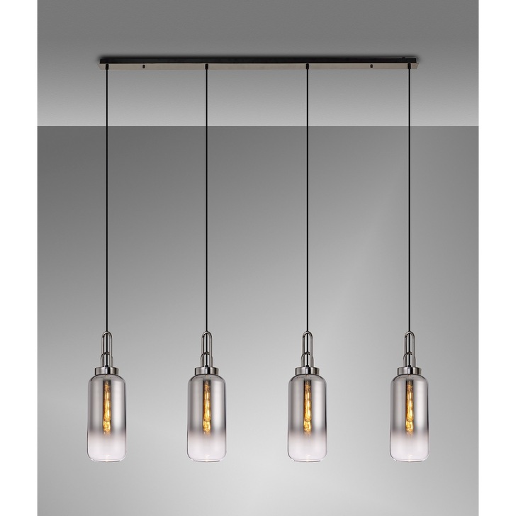 Idolite Camille Black Chrome 4 Light Linear Bar Pendant With Smoked/Clear Ombre Glasses