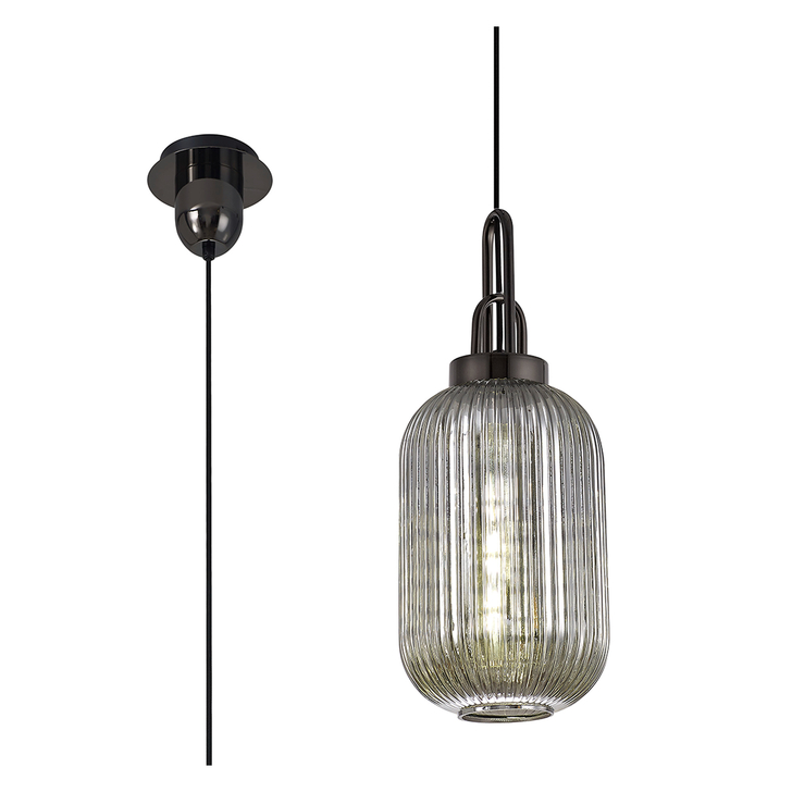 Idolite Camille Black Chrome Single Pendant Light With Smoked Ribbed Glass