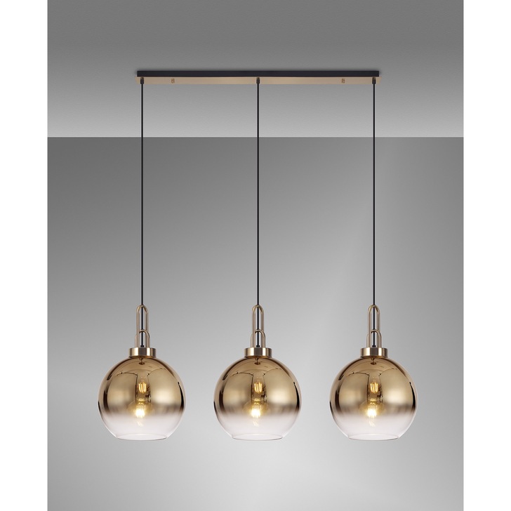 Idolite Camille Brass Gold 3 Light Linear Bar Pendant With Brass Gold/Clear Ombre Glass Globes