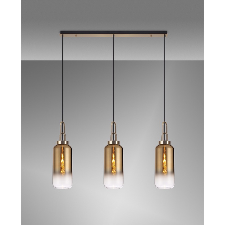 Idolite Camille Brass Gold 3 Light Linear Bar Pendant With Brass Gold/Clear Ombre Glasses