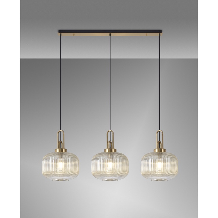 Idolite Camille Brass Gold 3 Light Linear Bar Pendant With Champagne Ribbed Glasses