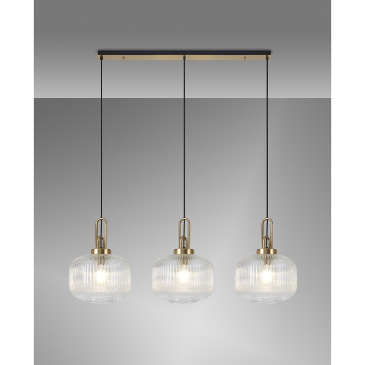 Idolite Camille Brass Gold 3 Light Linear Bar Pendant With Clear Ribbed Glasses