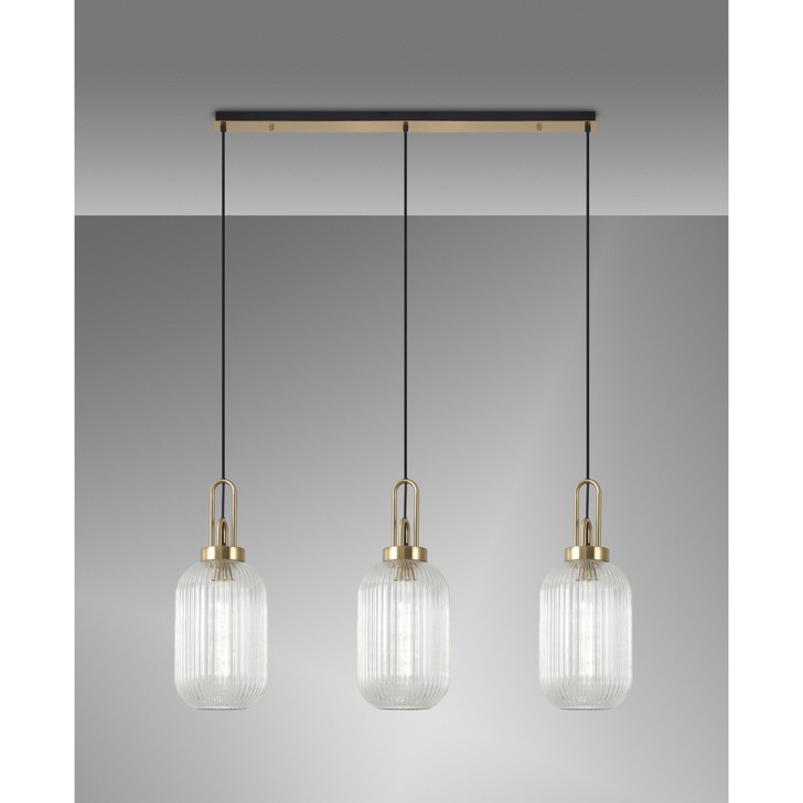 Idolite Camille Brass Gold 3 Light Linear Bar Pendant With Clear Ribbed Glasses