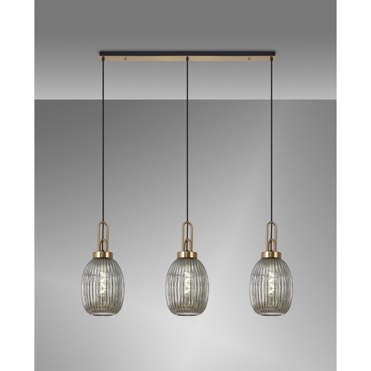 Idolite Camille Brass Gold 3 Light Linear Bar Pendant With Smoked Ribbed Glasses