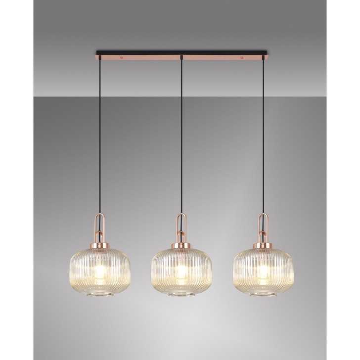 Idolite Camille Copper 3 Light Linear Bar Pendant With Champagne Ribbed Glasses