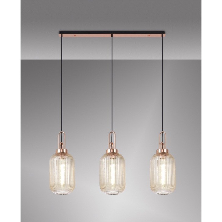 Idolite Camille Copper 3 Light Linear Bar Pendant With Champagne Ribbed Glasses