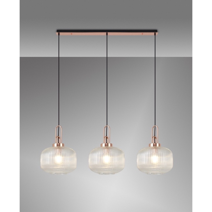 Idolite Camille Copper 3 Light Linear Bar Pendant With Clear Ribbed Glasses