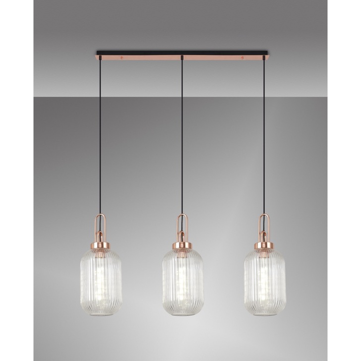 Idolite Camille Copper 3 Light Linear Bar Pendant With Clear Ribbed Glasses