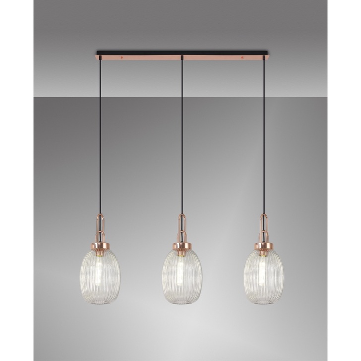 Idolite Camille Copper 3 Light Linear Bar Pendant With Clear Ribbed Glasses