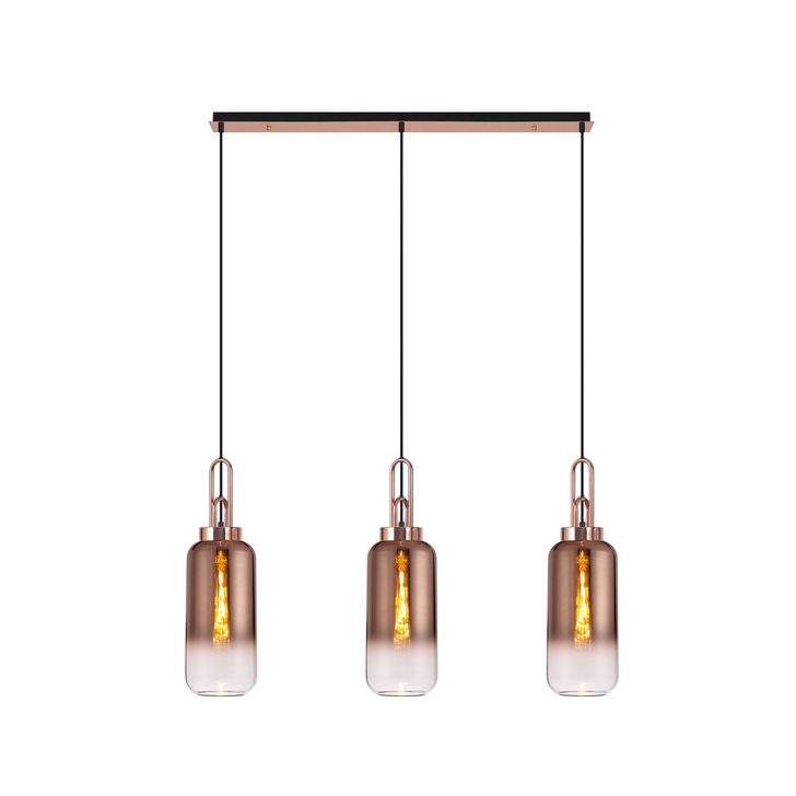 Idolite Camille Copper 3 Light Linear Bar Pendant With Copper/Clear Ombre Glasses