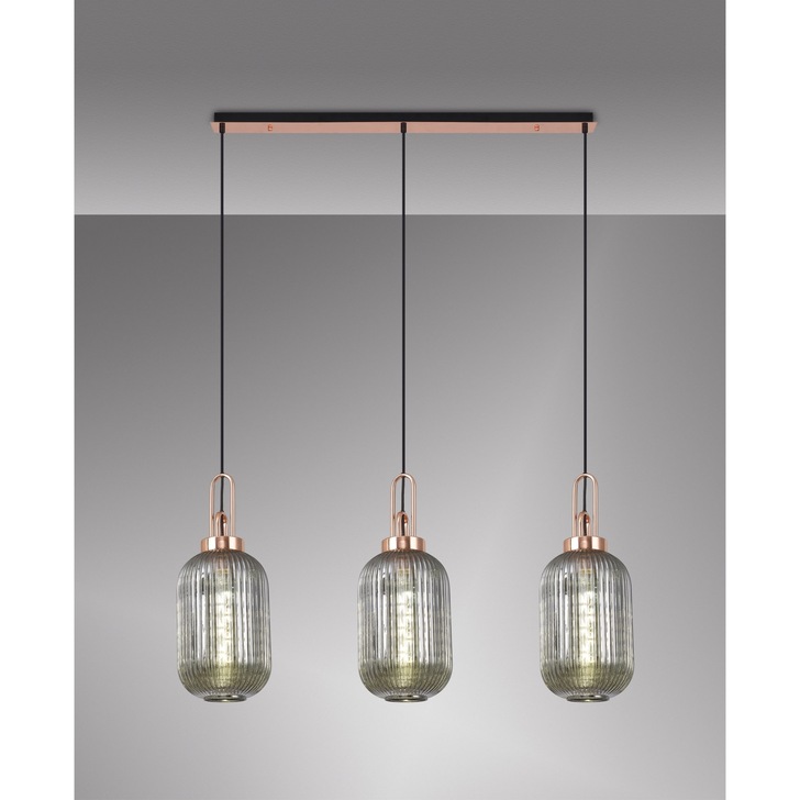 Idolite Camille Copper 3 Light Linear Bar Pendant With Smoked Ribbed Glasses