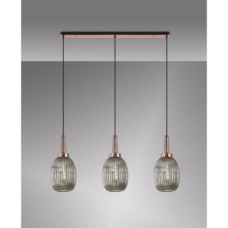 Idolite Camille Copper 3 Light Linear Bar Pendant With Smoked Ribbed Glasses