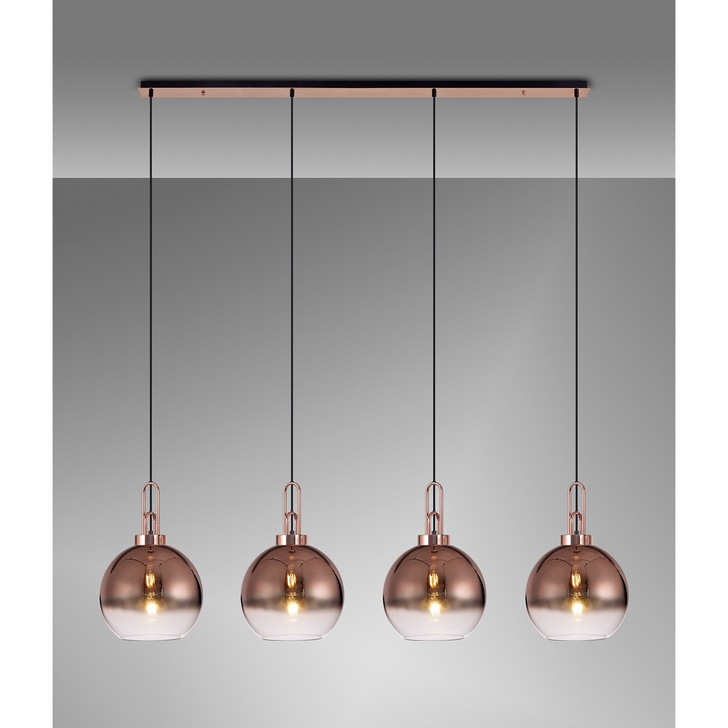 Idolite Camille Copper 4 Light Linear Bar Pendant With Copper/Clear Ombre Glass Globes