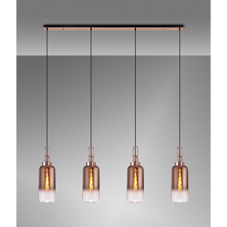 Idolite Camille Copper 4 Light Linear Bar Pendant With Copper/Clear Ombre Glasses