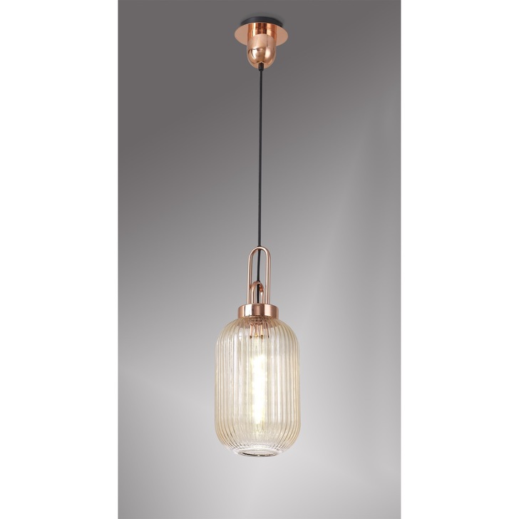 Idolite Camille Copper Single Pendant Light With Champagne Ribbed Glass