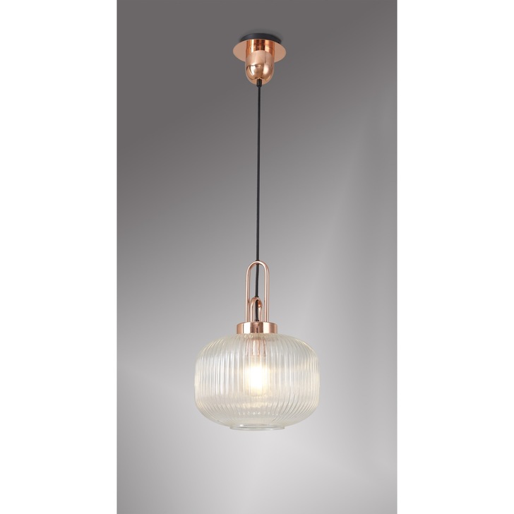 Idolite Camille Copper Single Pendant Light With Clear Ribbed Glass