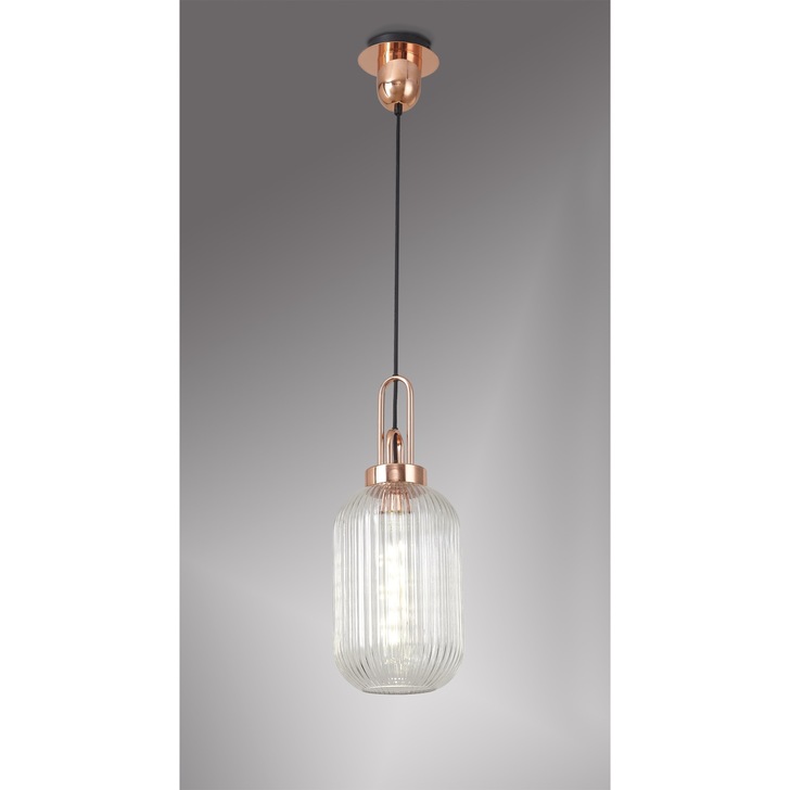 Idolite Camille Copper Single Pendant Light With Clear Ribbed Glass