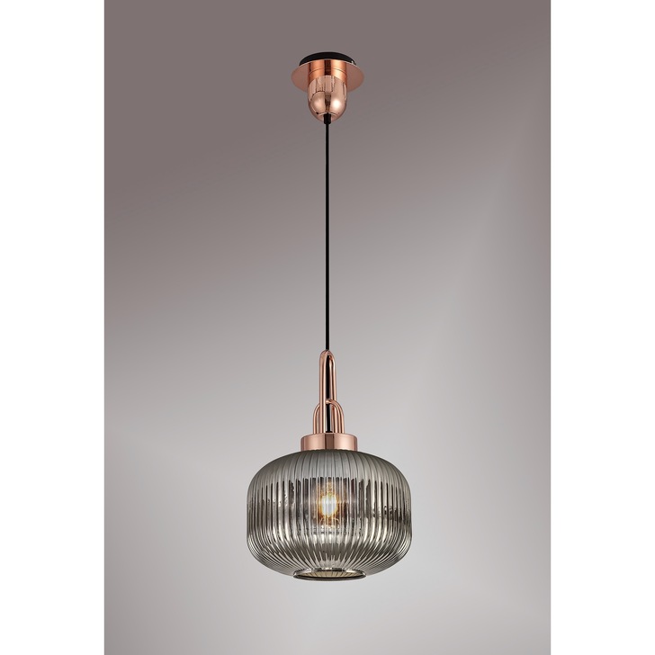 Idolite Camille Copper Single Pendant Light With Smoked Ribbed Glass