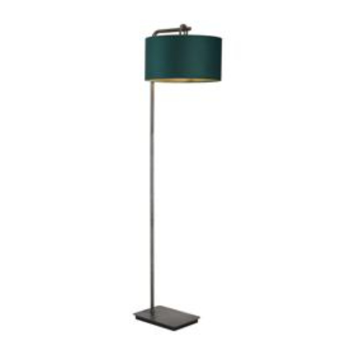Idolite Camille Floor Lamp, 1 Light E27, Aged Pewter/Matt Black/Forest Green 40x22cm Velvet Shade
