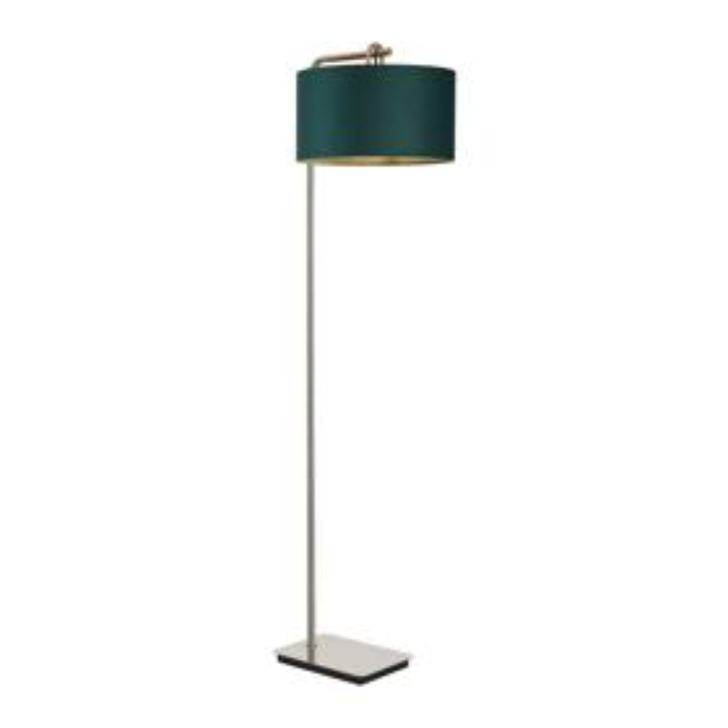 Idolite Camille Floor Lamp, 1 Light E27, Polished Nickel/Matt Black/Forest Green 40x22cm Velvet Shade
