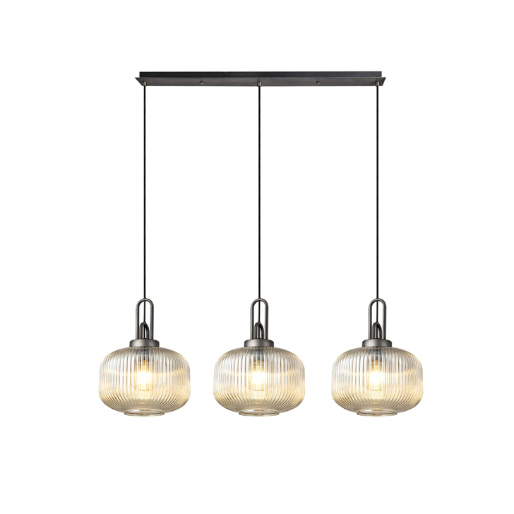 Idolite Camille Linear 3 Light Pendant E27, Aged Pewter/Matt Black With 30cm Pumpkin Shaped Ribbed Champagne Glass