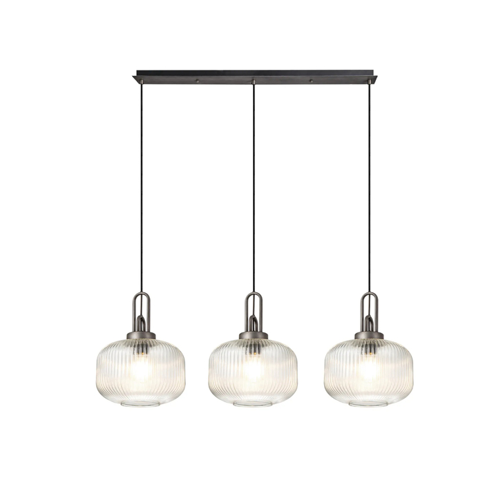 Idolite Camille Linear 3 Light Pendant E27, Aged Pewter/Matt Black With 30cm Pumpkin Shaped Ribbed Clear Glass