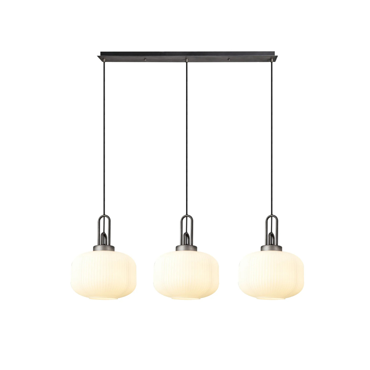Idolite Camille Linear 3 Light Pendant E27, Aged Pewter/Matt Black With 30cm Pumpkin Shaped Ribbed Opal Glass