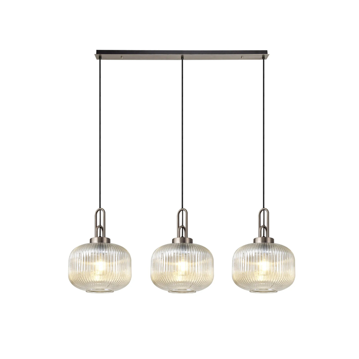 Idolite Camille Linear 3 Light Pendant E27, Antique Silver/Matt Black With 30cm Pumpkin Shaped Ribbed Champagne Glass