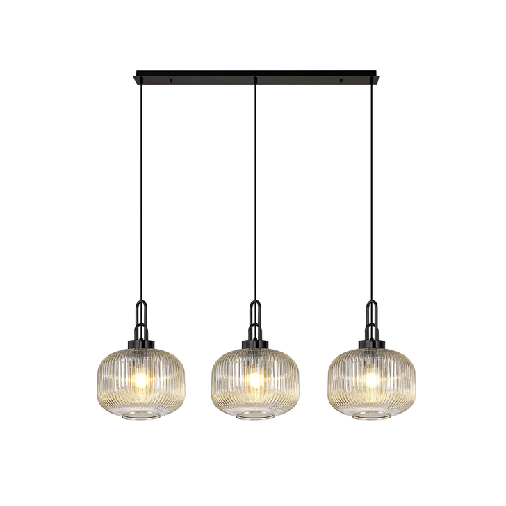 Idolite Camille Linear 3 Light Pendant E27, Black Chrome/Matt Black With 30cm Pumpkin Shaped Ribbed Champagne Glass