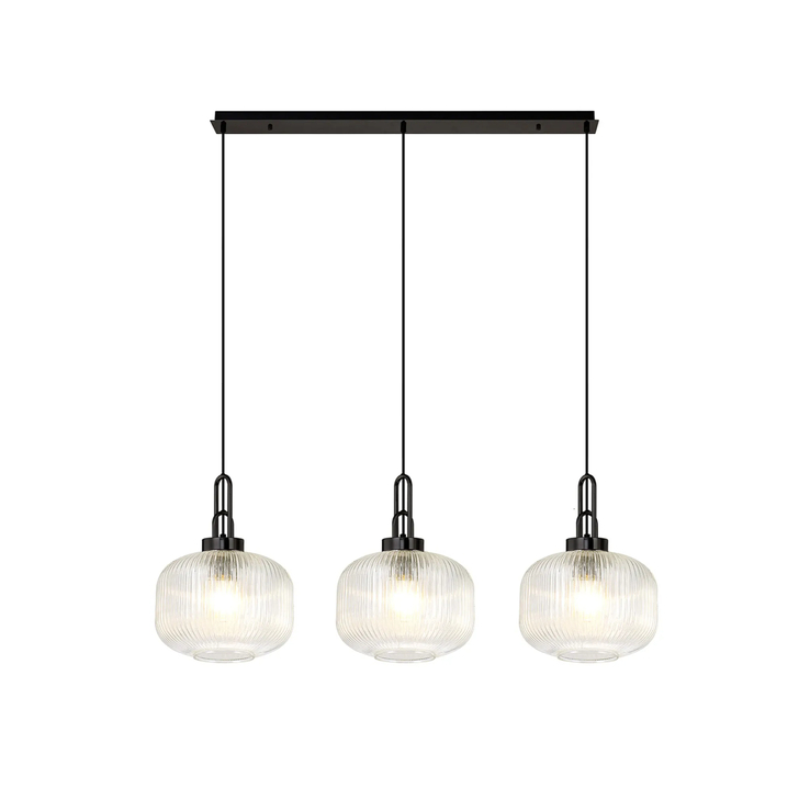 Idolite Camille Linear 3 Light Pendant E27, Black Chrome/Matt Black With 30cm Pumpkin Shaped Ribbed Clear Glass
