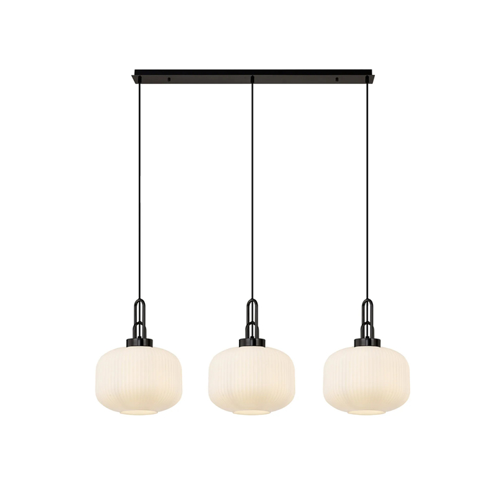 Idolite Camille Linear 3 Light Pendant E27, Black Chrome/Matt Black With 30cm Pumpkin Shaped Ribbed Opal Glass