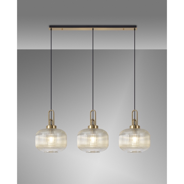 Idolite Camille Linear 3 Light Pendant E27, Brass Gold/Matt Black With 30cm Pumpkin Shaped Ribbed Champagne Glass
