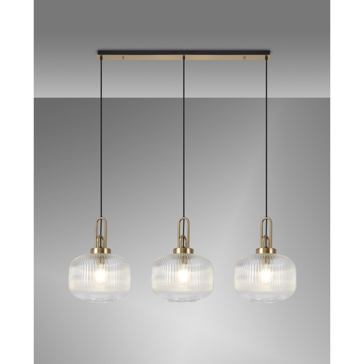 Idolite Camille Linear 3 Light Pendant E27, Brass Gold/Matt Black With 30cm Pumpkin Shaped Ribbed Clear Glass