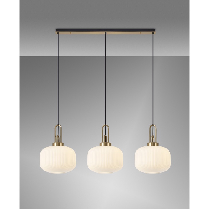 Idolite Camille Linear 3 Light Pendant E27, Brass Gold/Matt Black With 30cm Pumpkin Shaped Ribbed Opal Glass