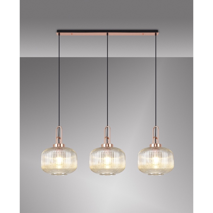 Idolite Camille Linear 3 Light Pendant E27, Copper/Matt Black With 30cm Pumpkin Shaped Ribbed Champagne Glass