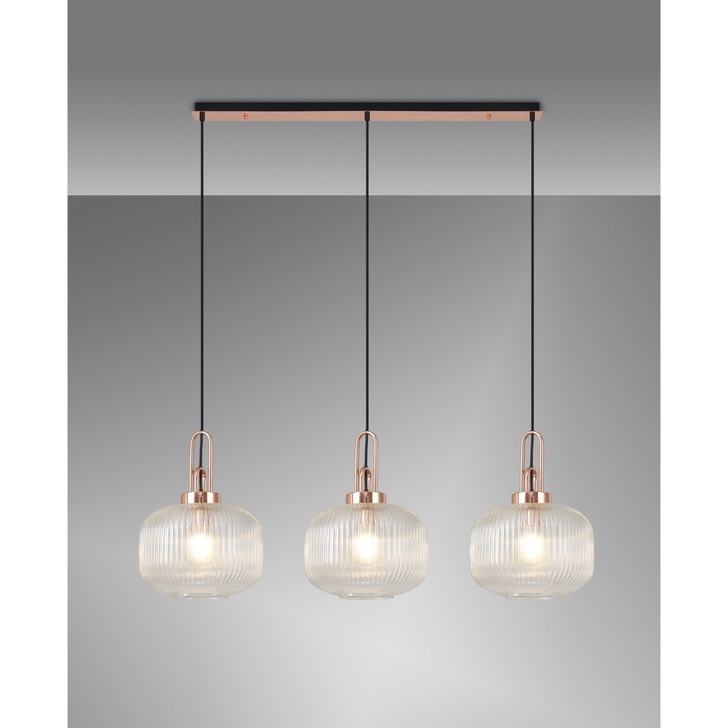 Idolite Camille Linear 3 Light Pendant E27, Copper/Matt Black With 30cm Pumpkin Shaped Ribbed Clear Glass
