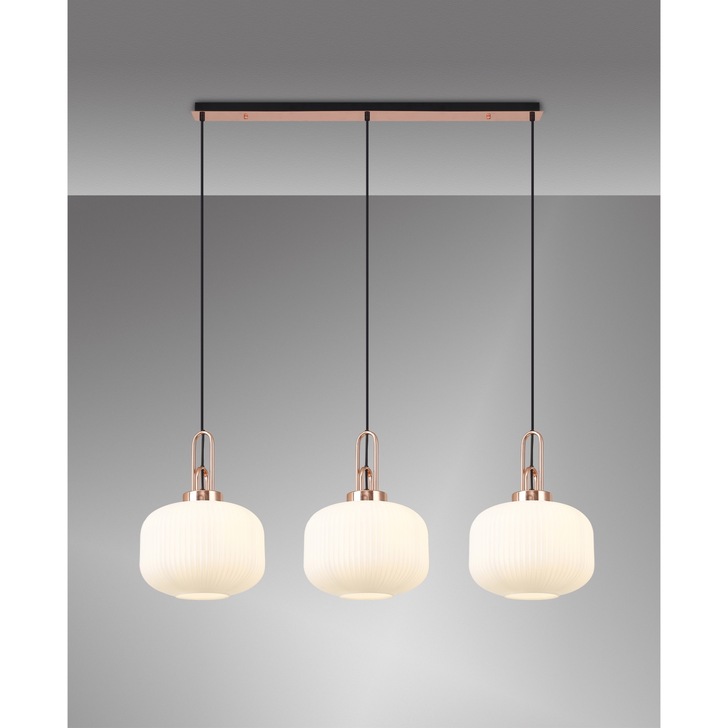 Idolite Camille Linear 3 Light Pendant E27, Copper/Matt Black With 30cm Pumpkin Shaped Ribbed Opal Glass