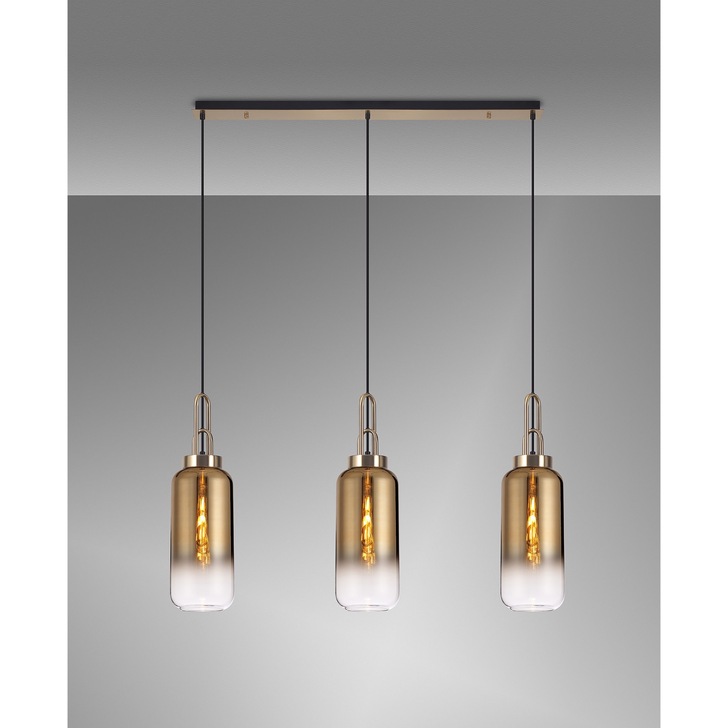Idolite Camille Linear 3 Light Pendant E27 With 16cm Cylinder Glass, Brass Gold/Clear Brass Gold/Matt Black